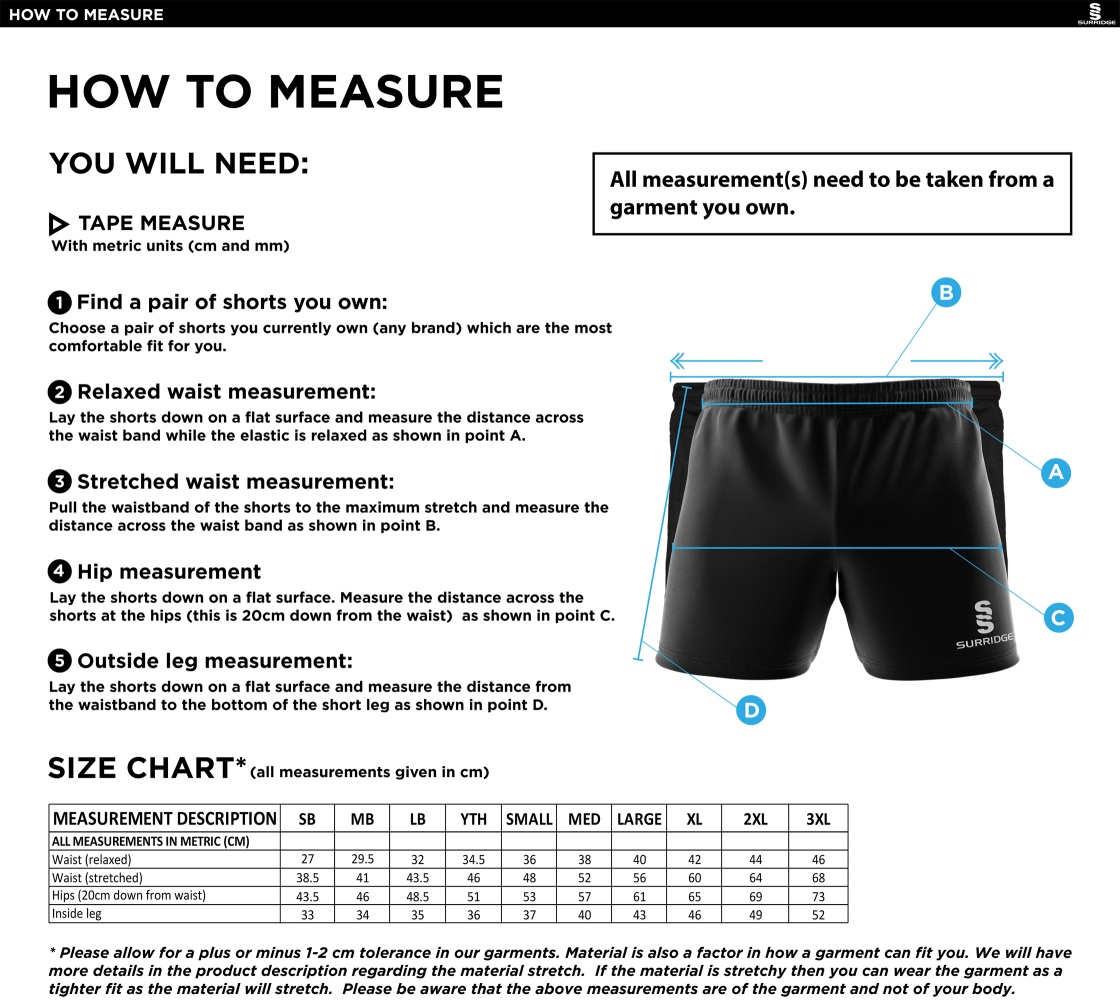 Skyrose CC - Performance Gym Short - Size Guide