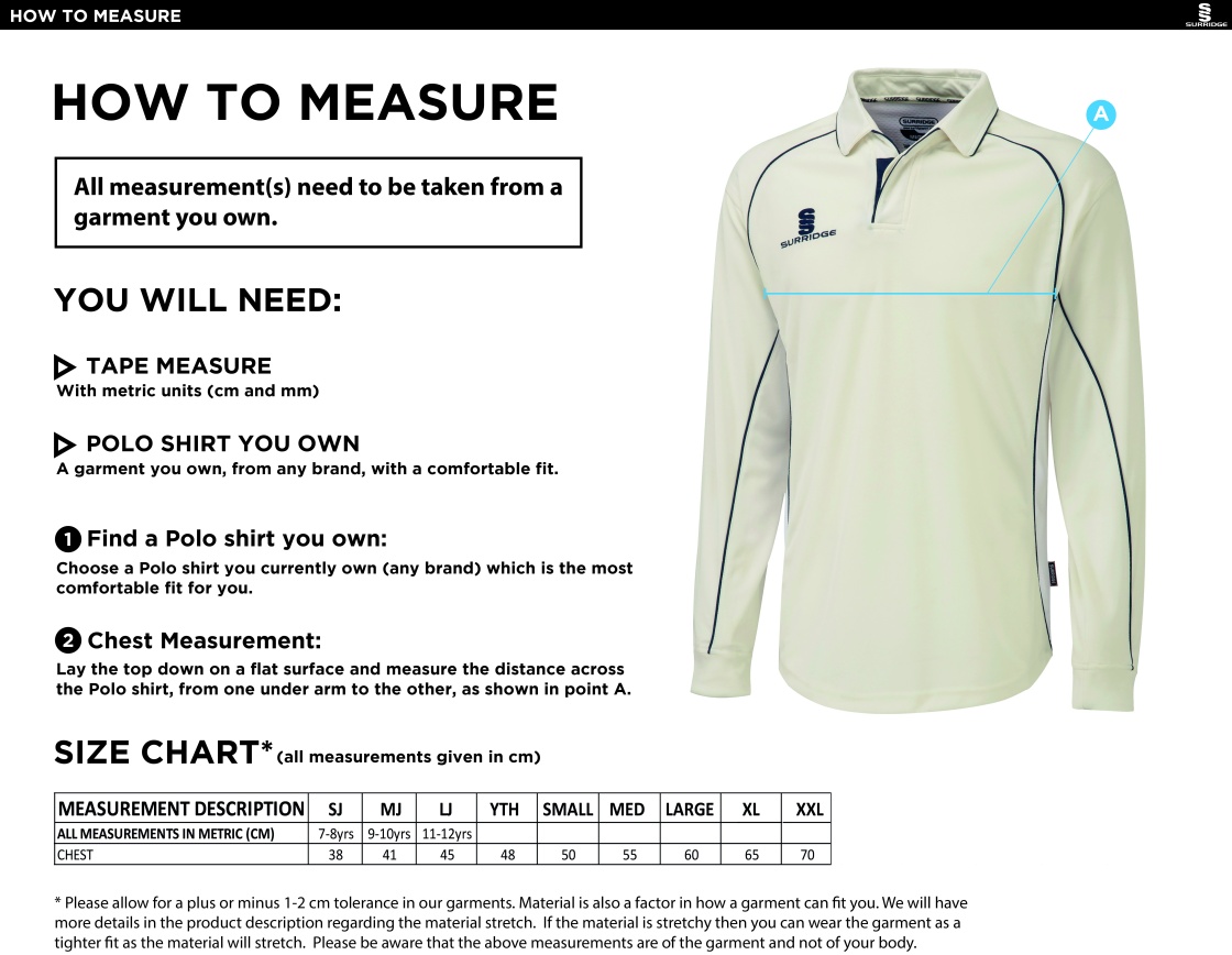 Skyrose CC - Premier Long Sleeve Playing Shirt - Size Guide