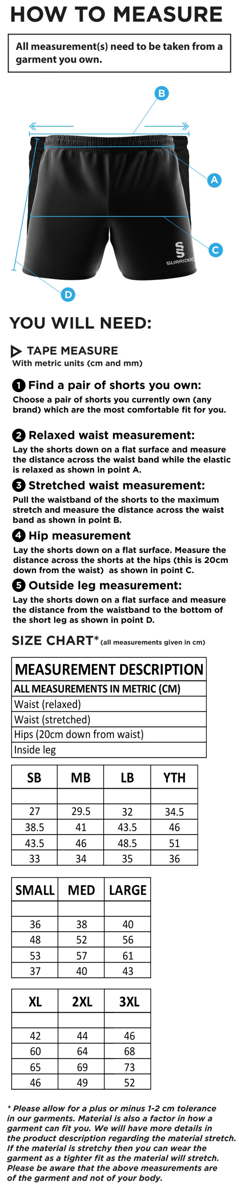 Skyrose CC - Performance Gym Short - Size Guide
