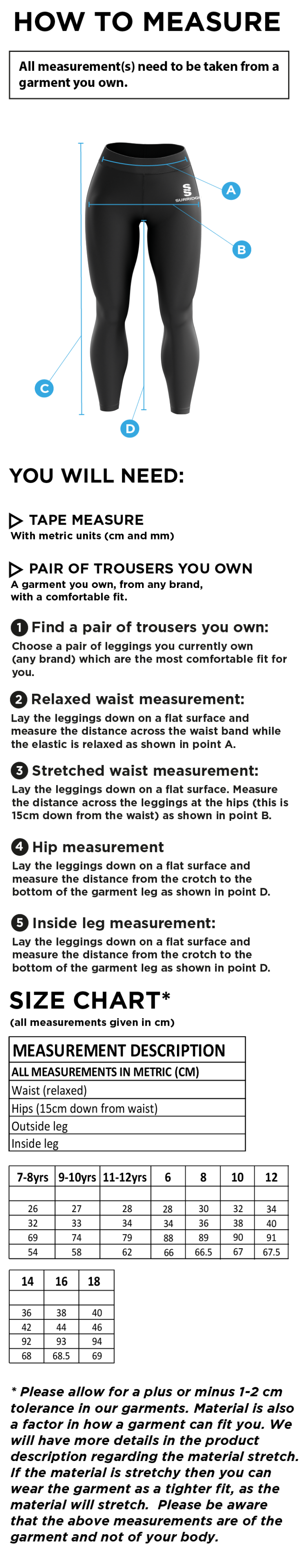 Skyrose CC - Performance Full Length Leggings - Size Guide