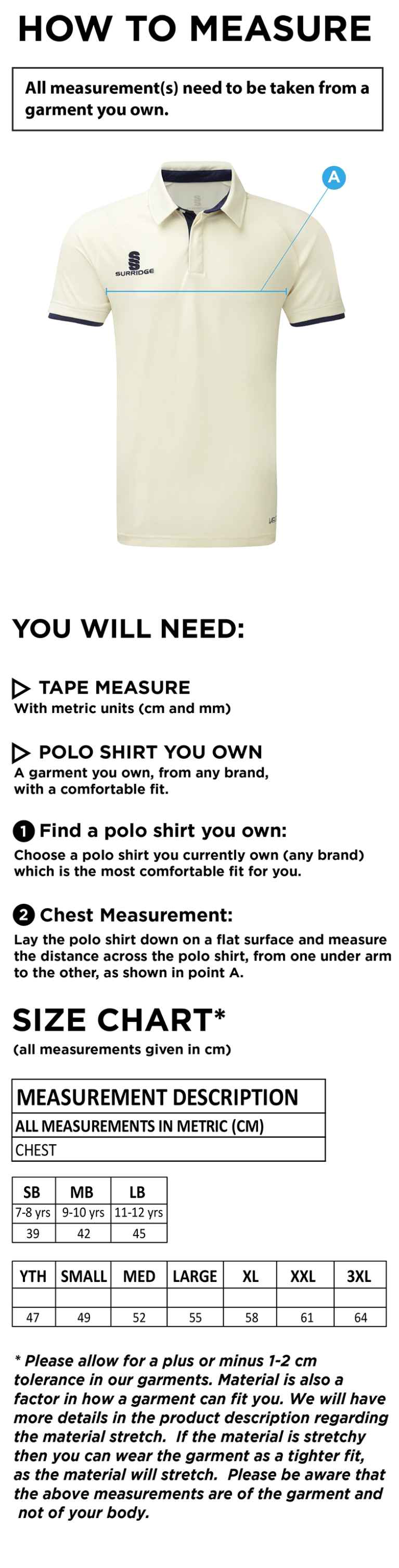 Skyrose CC - Ergo Short Sleeve Playing Shirt - Size Guide