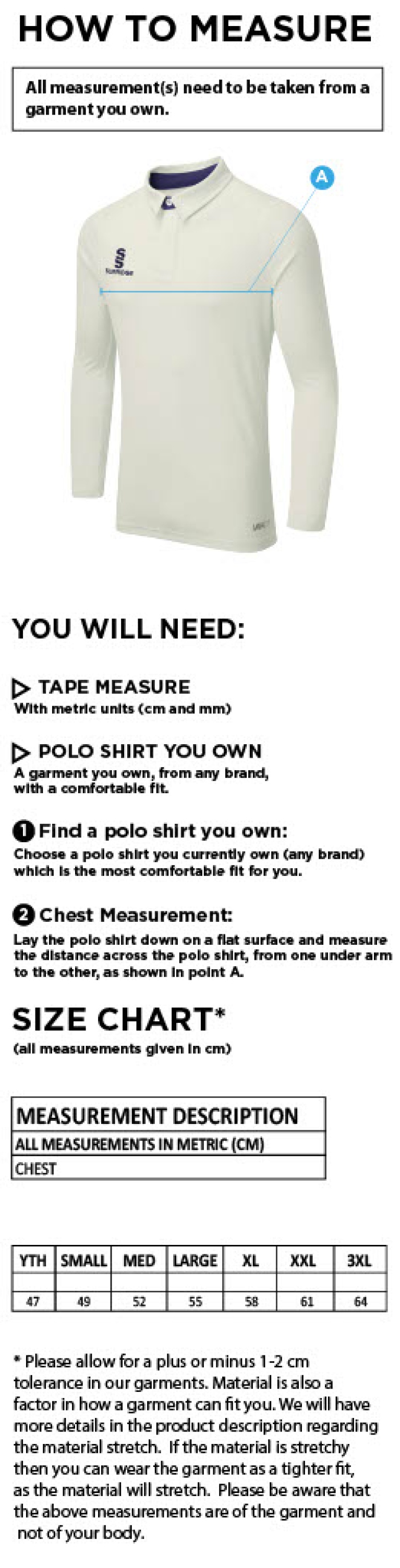 Skyrose CC - Ergo Long Sleeve Playing Shirt - Size Guide