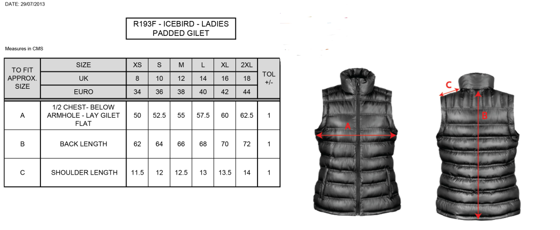 Skyrose CC - Women's Padded Gilet - Size Guide