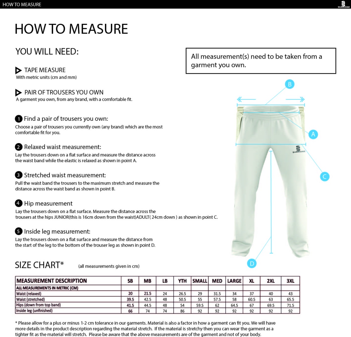 Skyrose CC - Standard Fit Playing Pant - Size Guide