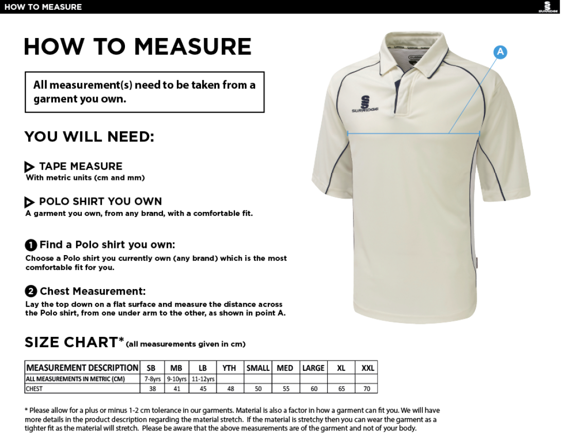 Skyrose CC - Premier 3/4 Sleeve Playing Shirt - Size Guide