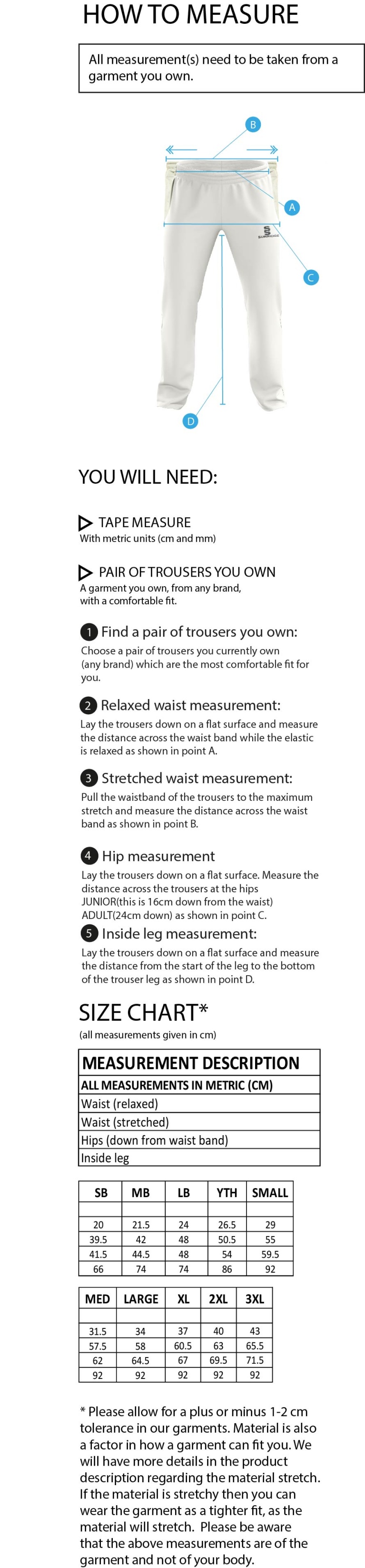 Skyrose CC - Standard Fit Playing Pant - Size Guide