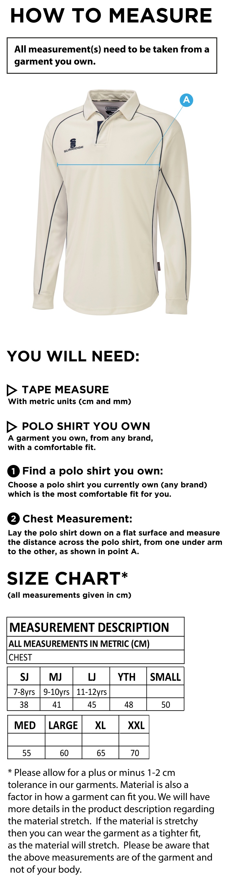 Skyrose CC - Premier Long Sleeve Playing Shirt - Size Guide