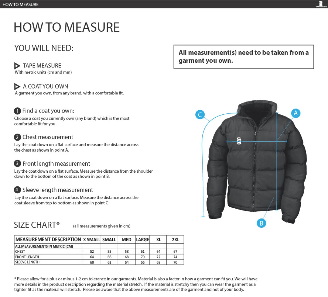 Skyrose Cricket Club Women's Puffer Jacket - Size Guide