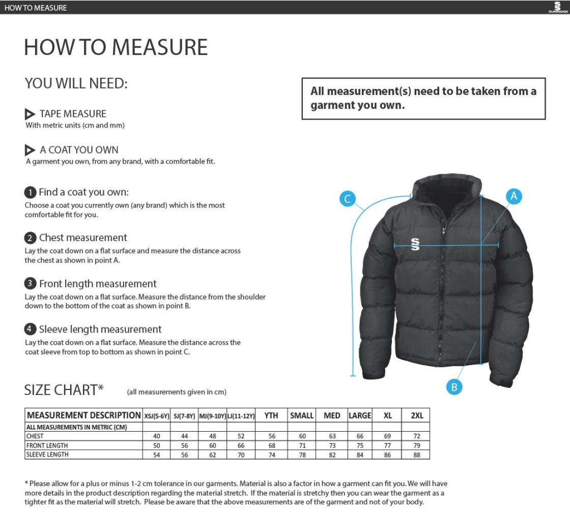 Skyrose Cricket Club Men's Puffer Jacket - Size Guide