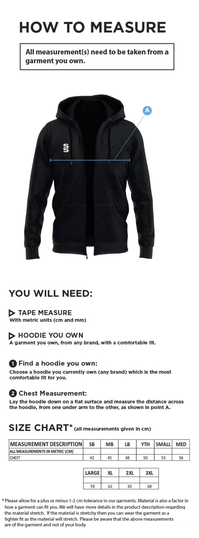 Skyrose CC - Dual Bonded Full Zip Hoody - Size Guide