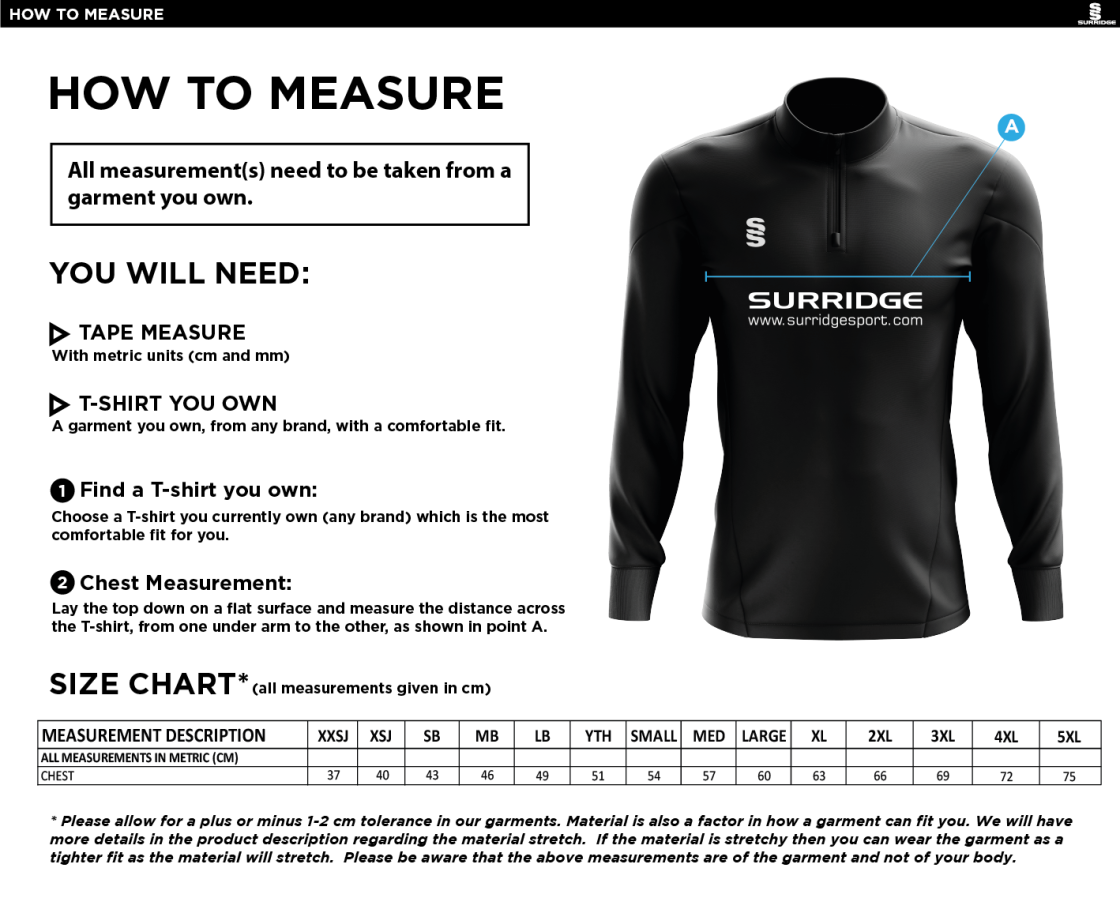 Skyrose CC - Dual Performance 1/4 Zip Top - Size Guide