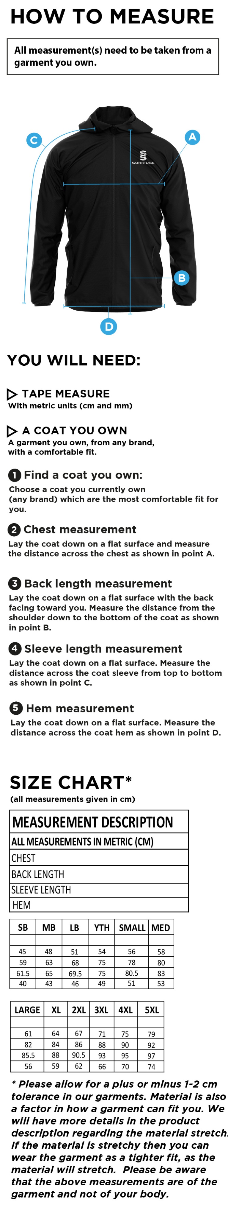 Skyrose CC - Lightweight Full Zip Training Jacket - Size Guide