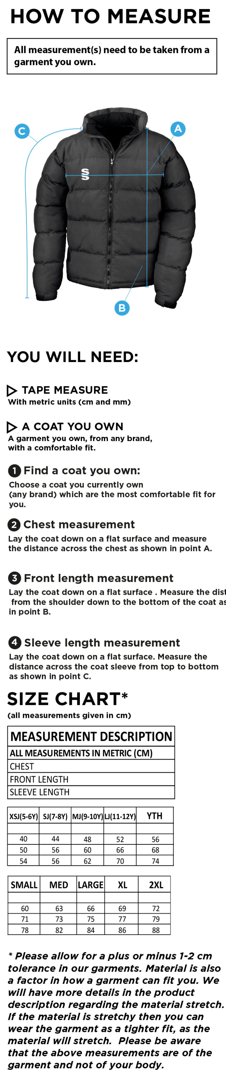 Skyrose Cricket Club Men's Puffer Jacket - Size Guide