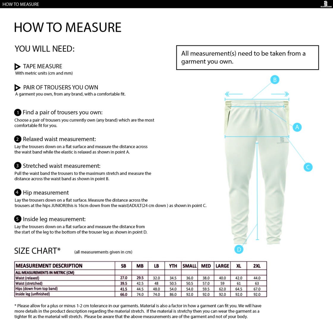 Skyrose CC - Tapered Fit Cricket Trousers - Size Guide