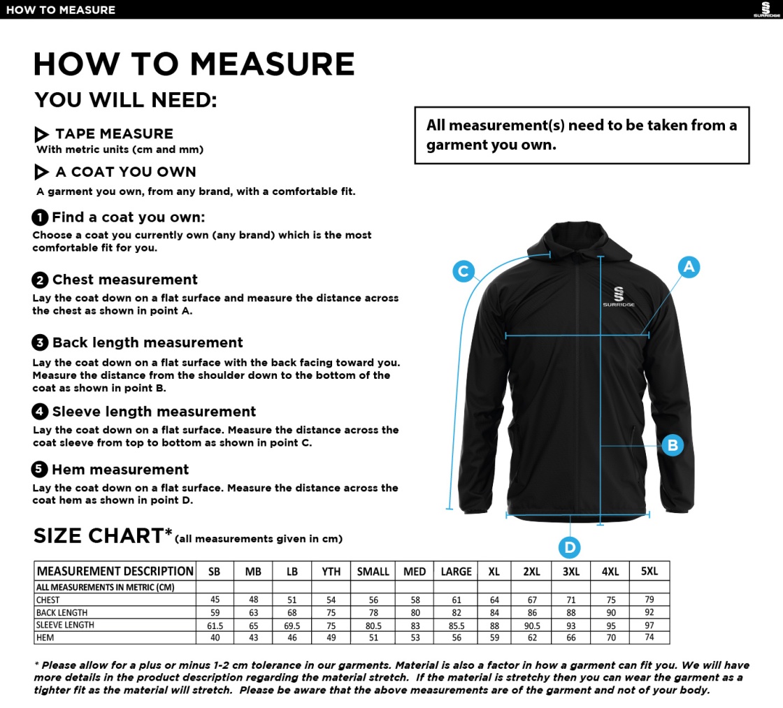 Skyrose CC - Lightweight Full Zip Training Jacket - Size Guide