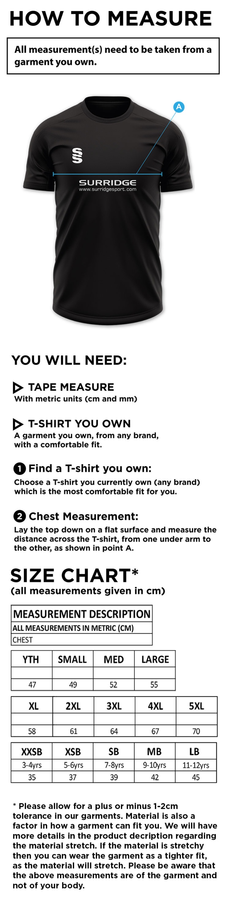 Skyrose Cricket Club Dual Gym Shirt - Size Guide
