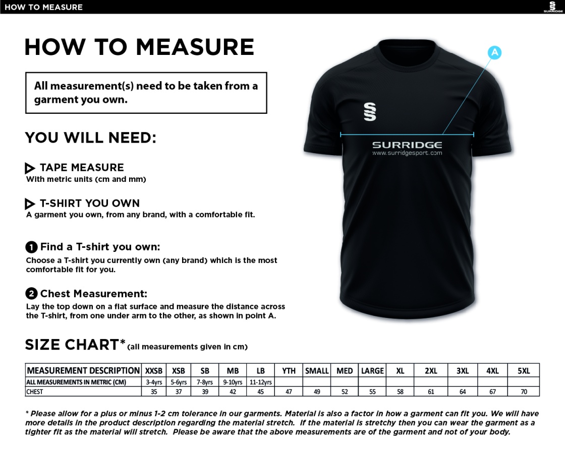 Skyrose Cricket Club Dual Gym Shirt - Size Guide