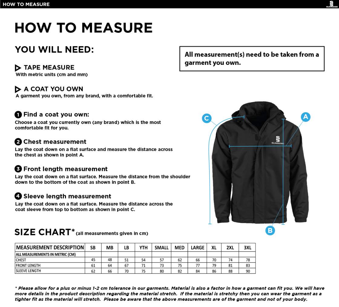 Skyrose CC - Dual Fleece Lined Jacket - Size Guide