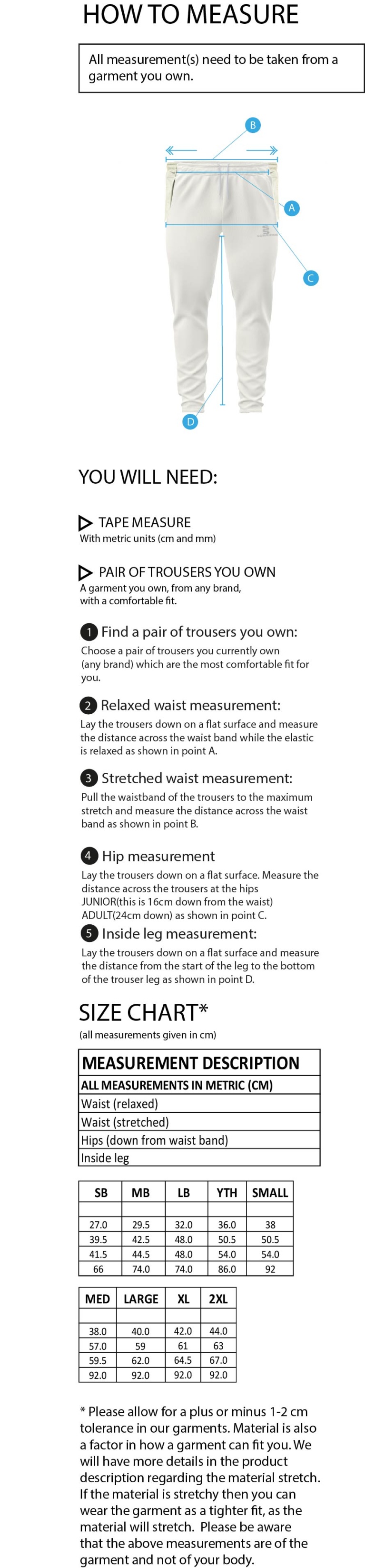Skyrose CC - Tapered Fit Cricket Trousers - Size Guide