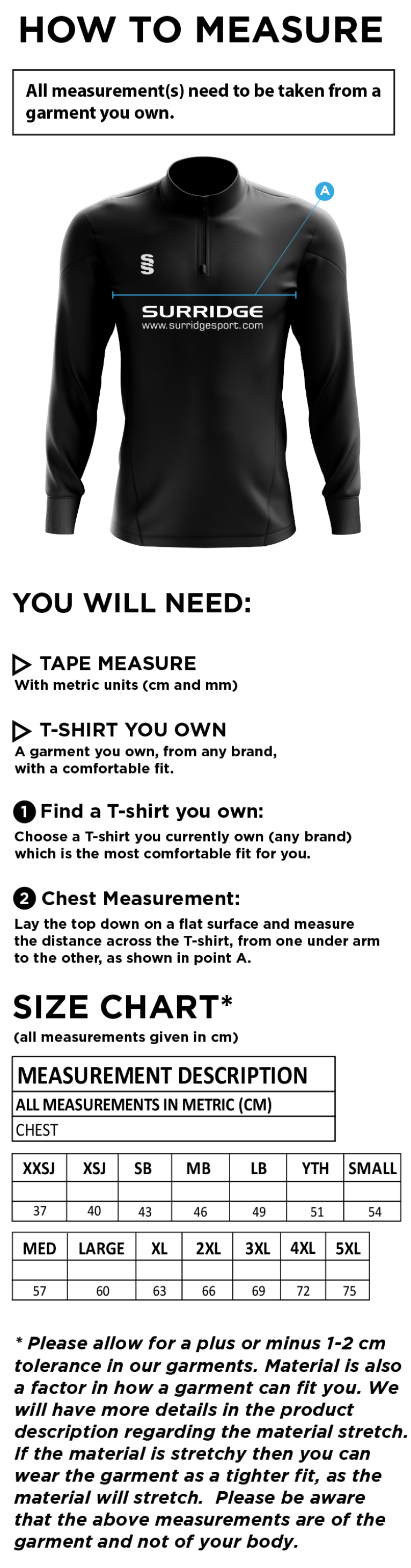 Skyrose CC - Dual Performance 1/4 Zip Top - Size Guide