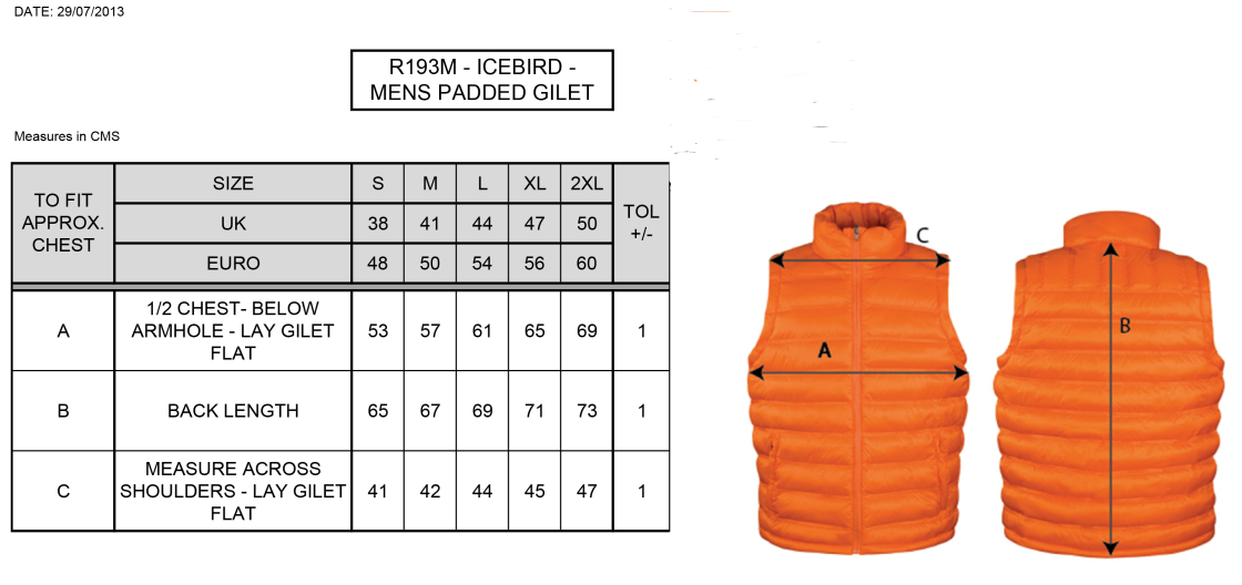 Skyrose CC - Padded Gilet - Size Guide