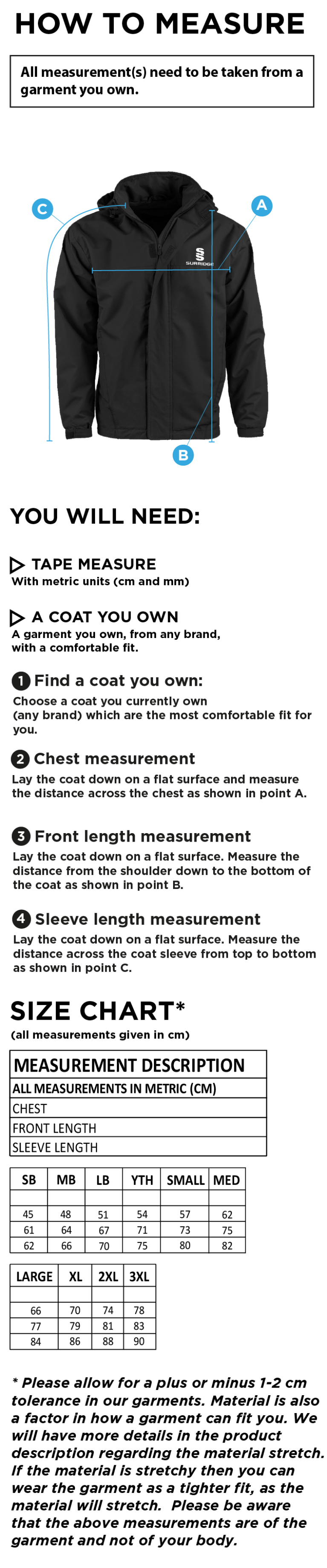 Skyrose CC - Dual Fleece Lined Jacket - Size Guide