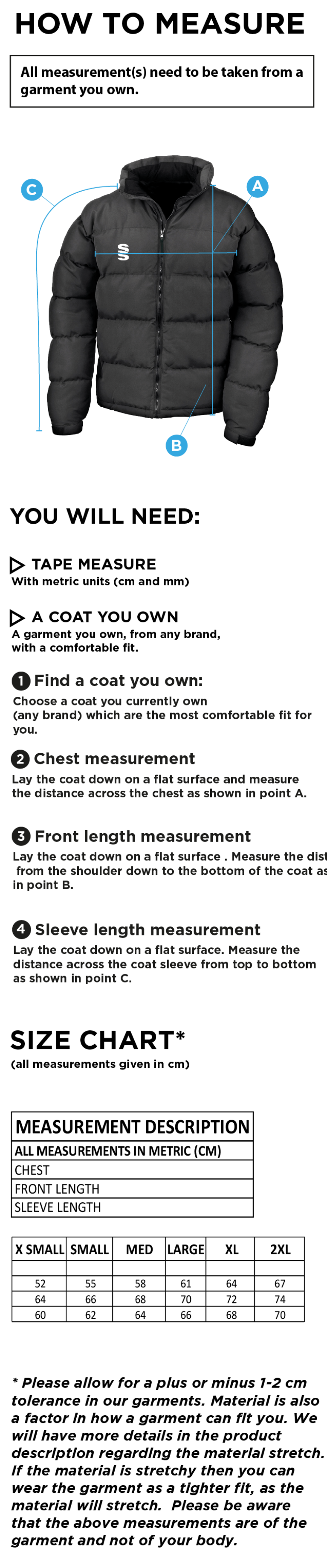 Skyrose Cricket Club Women's Puffer Jacket - Size Guide